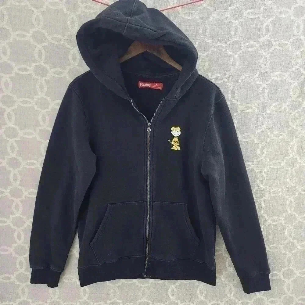 Peanuts Patched  Charlie Brown Full zip Hooded Black Sweatshirt Men's M